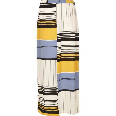 Blue stripe split front maxi skirt